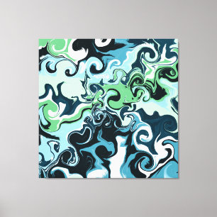 Donkerblauw, Sage Green, Abstracte vloeistof Canvas Afdruk