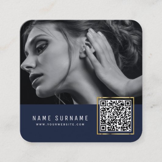 Donkerblauw scanable barcode QR code foto Vierkante Visitekaartje (Voorkant)