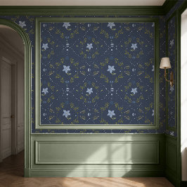 Donkerblauw Scandinavisch Volk Bloemendessertpapie Behang