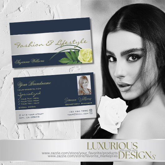 Donkerblauw Silver Decor Cute Roos Flower with Pho Visitekaartje