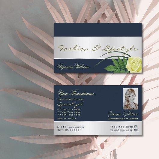 Donkerblauw Silver Decor Cute Roos Flower with Pho Visitekaartje