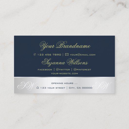 Donkerblauw Silver Decor Roos Flower with Monogram Visitekaartje (Achterkant)