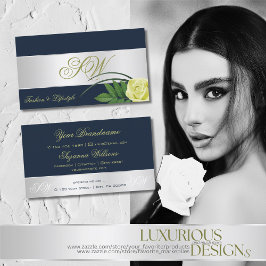 Donkerblauw Silver Decor Roos Flower with Monogram Visitekaartje