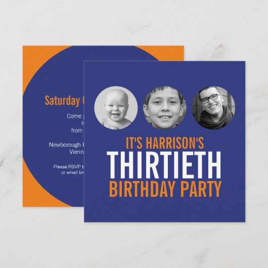 Donkerblauw sinaasappel 30e fotoverjaardag kaart (Voorkant / Achterkant)