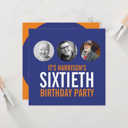 Donkerblauw sinaasappel 60e foto verjaardagsuitnod kaart (Voorkant / Achterkant in situ)