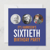 Donkerblauw sinaasappel 60e foto verjaardagsuitnod kaart (Voorkant)