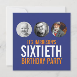 Donkerblauw sinaasappel 60e foto verjaardagsuitnod kaart