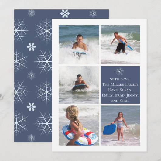 Donkerblauw Snowflake Double Sided Multi Photo Car Feestdagenkaart (Voorkant / Achterkant)