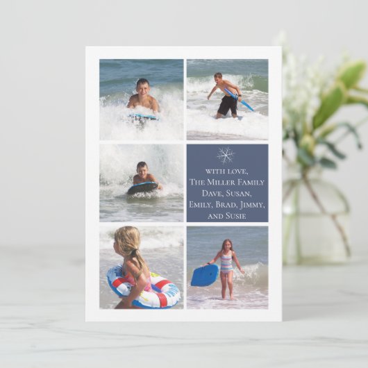 Donkerblauw Snowflake Double Sided Multi Photo Car Feestdagenkaart (Staand voorkant)