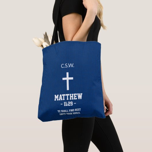 Donkerblauw Sterrenpatroon Bijbelvers Christelijk Tote Bag (Dichtbij)
