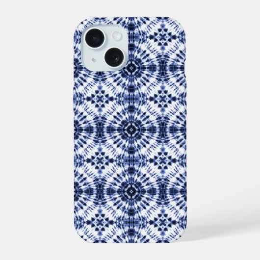 Donkerblauw stropdas kleurstofpatroon iPhone 15 case (Achterkant)