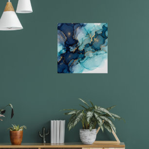 Donkerblauw Teal Vloeibare Abstracte Kunst Poster
