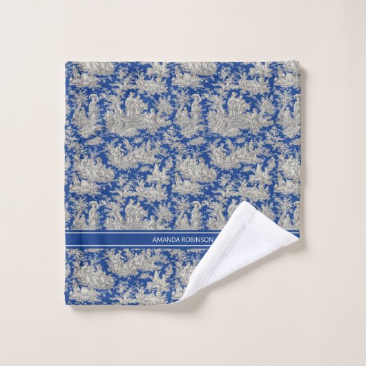 donkerblauw Toile de Jouy bedrukt Bad Handdoek (Wasdoekje)