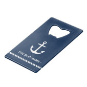 Donkerblauw touwgrensvaartuig creditkaart flessenopener (Voorkant Gekanteld)