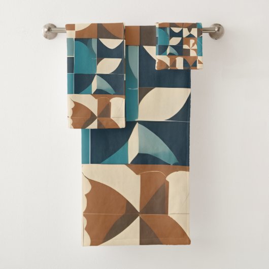 Donkerblauw, turquoise, bruin en taupe geometrisch bad handdoek (Insitu)