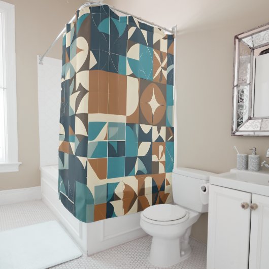 Donkerblauw, turquoise, bruin en taupe geometrisch douchegordijn (In situ)