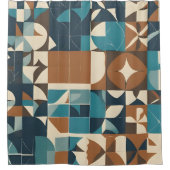 Donkerblauw, turquoise, bruin en taupe geometrisch douchegordijn (Voorkant)