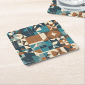 Donkerblauw, turquoise, bruin en taupe geometrisch kartonnen onderzetters (Schuin)