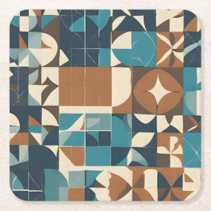 Donkerblauw, turquoise, bruin en taupe geometrisch kartonnen onderzetters