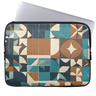 Donkerblauw, turquoise, bruin en taupe geometrisch laptop sleeve