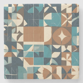 Donkerblauw, turquoise, bruin en taupe geometrisch stenen onderzetter