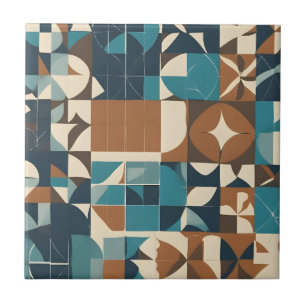 Donkerblauw, turquoise, bruin en taupe geometrisch tegeltje