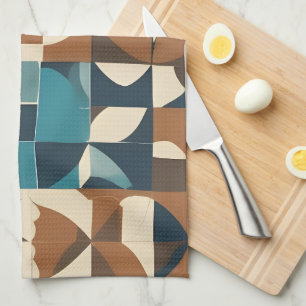 Donkerblauw, turquoise, bruin en taupe geometrisch theedoek