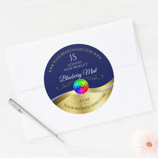 Donkerblauw Wavy Gold Logo Monogram Productlabel Ronde Sticker (Envelop)