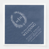 Donkerblauw wit blad ovaal monogram kunst bruiloft servet (Voorkant)