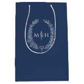 Donkerblauw wit blad ovale krans monogram bruiloft medium cadeauzakje (Voorkant)