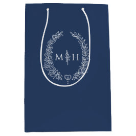 Donkerblauw wit blad ovale krans monogram bruiloft medium cadeauzakje