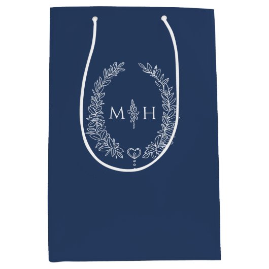 Donkerblauw wit blad ovale krans monogram bruiloft medium cadeauzakje (Voorkant)