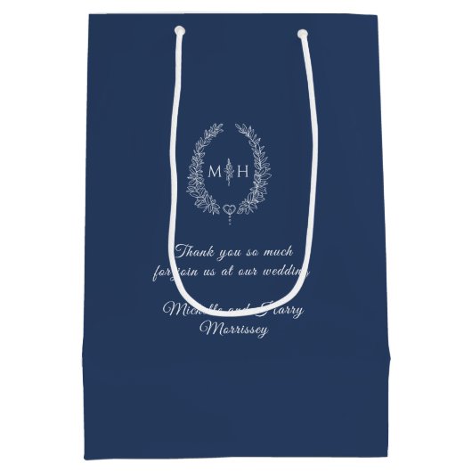 Donkerblauw wit blad ovale krans monogram bruiloft medium cadeauzakje (Achterkant)