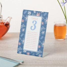 Donkerblauw & wit bloemige zittafel # reclamebord met voetstuk