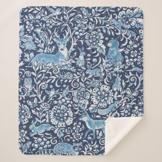 Donkerblauw Wit bos Dieren Winterkonijn Sherpa Deken (Voorkant)