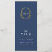 Donkerblauw wit goud blad ovaal monogram bruiloft menu (Voorkant)
