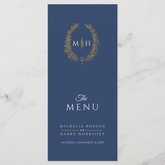Donkerblauw wit goud blad ovaal monogram bruiloft menu (Voorkant)