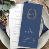 Donkerblauw wit goud blad ovaal monogram bruiloft menu