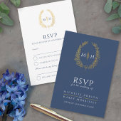 Donkerblauw wit goud getrokken blad monogram bruil RSVP kaartje
