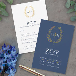 Donkerblauw wit goud getrokken blad monogram bruil RSVP kaartje