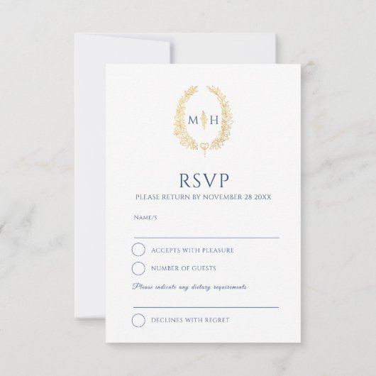 Donkerblauw wit goud getrokken blad monogram bruil RSVP kaartje (Achterkant)