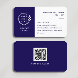 Donkerblauw Wit Logo QR Code Minimalistisch Modern Visitekaartje
