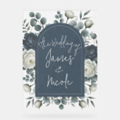 Donkerblauw & wit Modern Bloemengroen Huwelijk Acryl Bord (Voorkant)