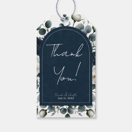 Donkerblauw & wit Modern Bloemengroen Huwelijk Cadeaulabel (Voorkant)