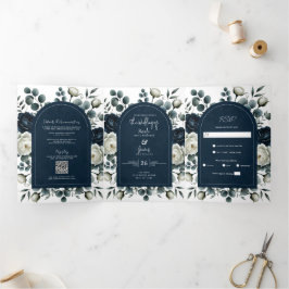 Donkerblauw & wit Modern Bloemengroen Huwelijk Drieluik Uitnodiging