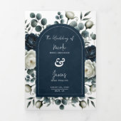 Donkerblauw & wit Modern Bloemengroen Huwelijk Drieluik Uitnodiging (Cover)