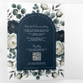 Donkerblauw & wit Modern Bloemengroen Huwelijk Drieluik Uitnodiging (Binnenzijde eerst)