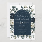Donkerblauw & wit Modern Bloemengroen Huwelijk Kaart (Voorkant)