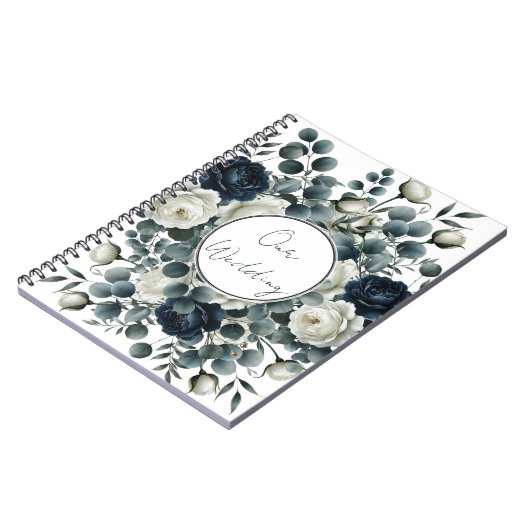 Donkerblauw & wit Modern Bloemengroen Huwelijk Notitieboek (Linkerzijde)