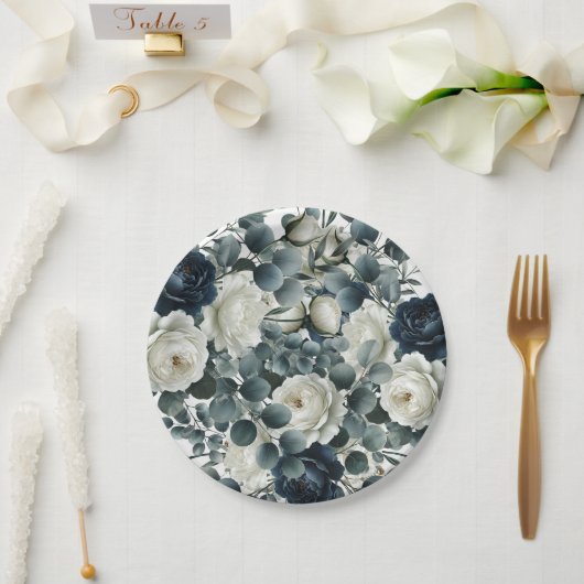 Donkerblauw & wit Modern Bloemengroen Huwelijk Papieren Bordje (Huwelijk)